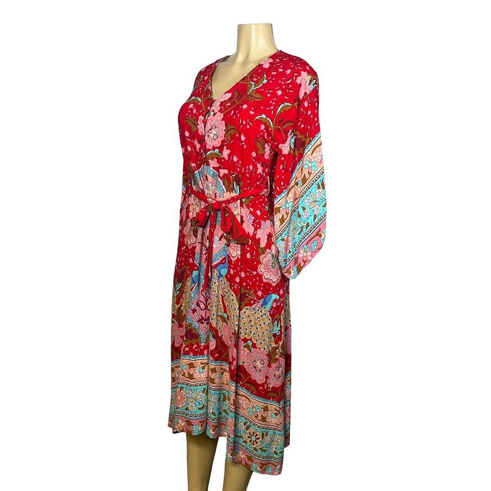 Free People FP TO LOVE Red Floral Peacock Boho Midi Dress Size S Bell Sleeve